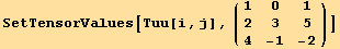 SetTensorValues[Tuu[i, j], ({{1, 0, 1}, {2, 3, 5}, {4, -1, -2}})]