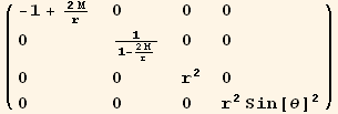 ( {{-1 + (2 M)/r, 0, 0, 0}, {0, 1/(1 - (2 M)/r), 0, 0}, {0, 0, r^2, 0}, {0, 0, 0, r^2 Sin[θ]^2}} )