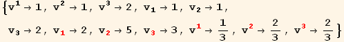 {v_1^1→1, v_2^2→1, v_3^3→2, v_1^1→1, v_2^2→1, v_3^3→2, v_1^1→2, v_2^2→5, v_3^3→3, v_1^1→1/3, v_2^2→2/3, v_3^3→2/3}