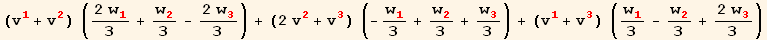 (v_1^1 + v_2^2) ((2 w_1^1)/3 + w_2^2/3 - (2 w_3^3)/3) + (2 v_2^2 + v_3^3) (-w_1^1/3 + w_2^2/3 + w_3^3/3) + (v_1^1 + v_3^3) (w_1^1/3 - w_2^2/3 + (2 w_3^3)/3)