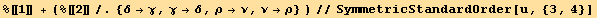 %[[1]] + (%[[2]]/.{δ→γ, γ→δ, ρ→ν, ν→ρ} )//SymmetricStandardOrder[u, {3, 4}]
