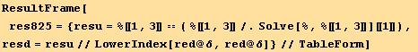 ResultFrame[res825 = {resu = %[[1, 3]] == ( %[[1, 3]]/.Solve[%, %[[1, 3]]][[1]]), <br />resd = resu//LowerIndex[red @ δ, red @ δ]}//TableForm]