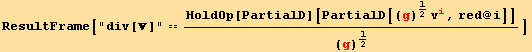 ResultFrame["div[]" == HoldOp[PartialD][PartialD[(g)^1/2 v_i^i, red @ i]]/(g)^1/2]