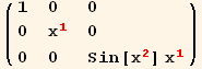 ( {{1, 0, 0}, {0, x_1^1, 0}, {0, 0, Sin[x_2^2] x_1^1}} )