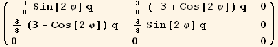 ( {{-3/8 Sin[2 φ] q, 3/8 (-3 + Cos[2 φ]) q, 0}, {3/8 (3 + Cos[2 φ]) q, 3/8 Sin[2 φ] q, 0}, {0, 0, 0}} )
