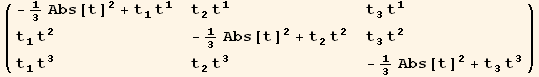 ( {{-1/3 Abs[t]^2 + t_1^1 t_1^1, t_2^2 t_1^1, t_3^3 t_1^1}, {t_1^1 t_2^2, -1/3 Abs[t]^2 + t_2^2 t_2^2, t_3^3 t_2^2}, {t_1^1 t_3^3, t_2^2 t_3^3, -1/3 Abs[t]^2 + t_3^3 t_3^3}} )
